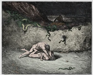 Inferno, Gesang 30: Die Qual der Fälscher in der neunten Bolgia (Illustration aus Die Göttliche Komödie von Dante Alighieri, 1885)